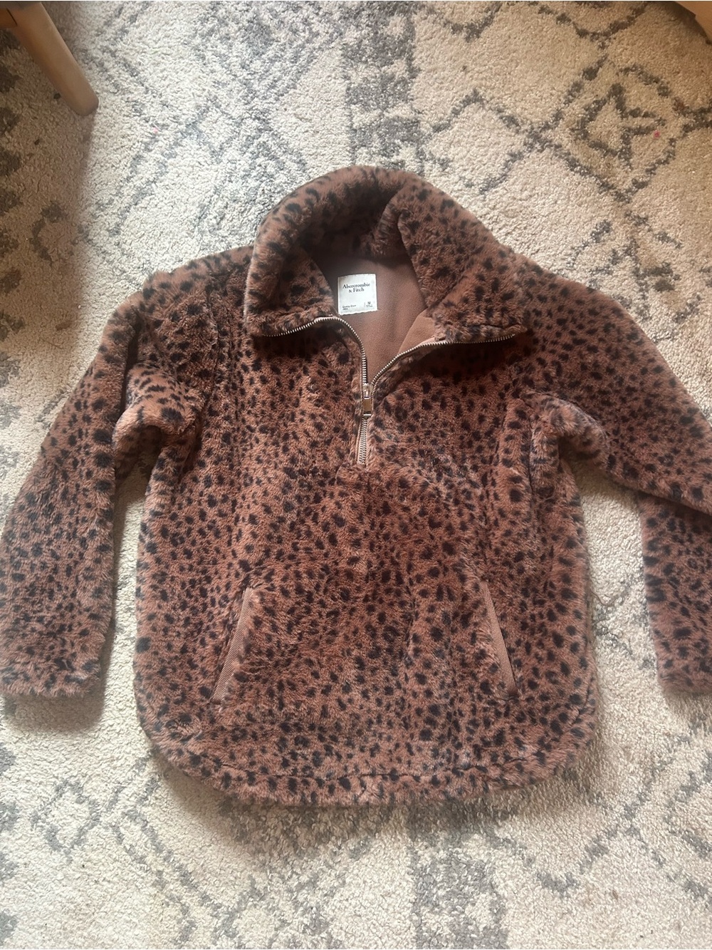 Abercrombie & Fitch Brown and Black Leopard Plush Quarter-Zip Jacket